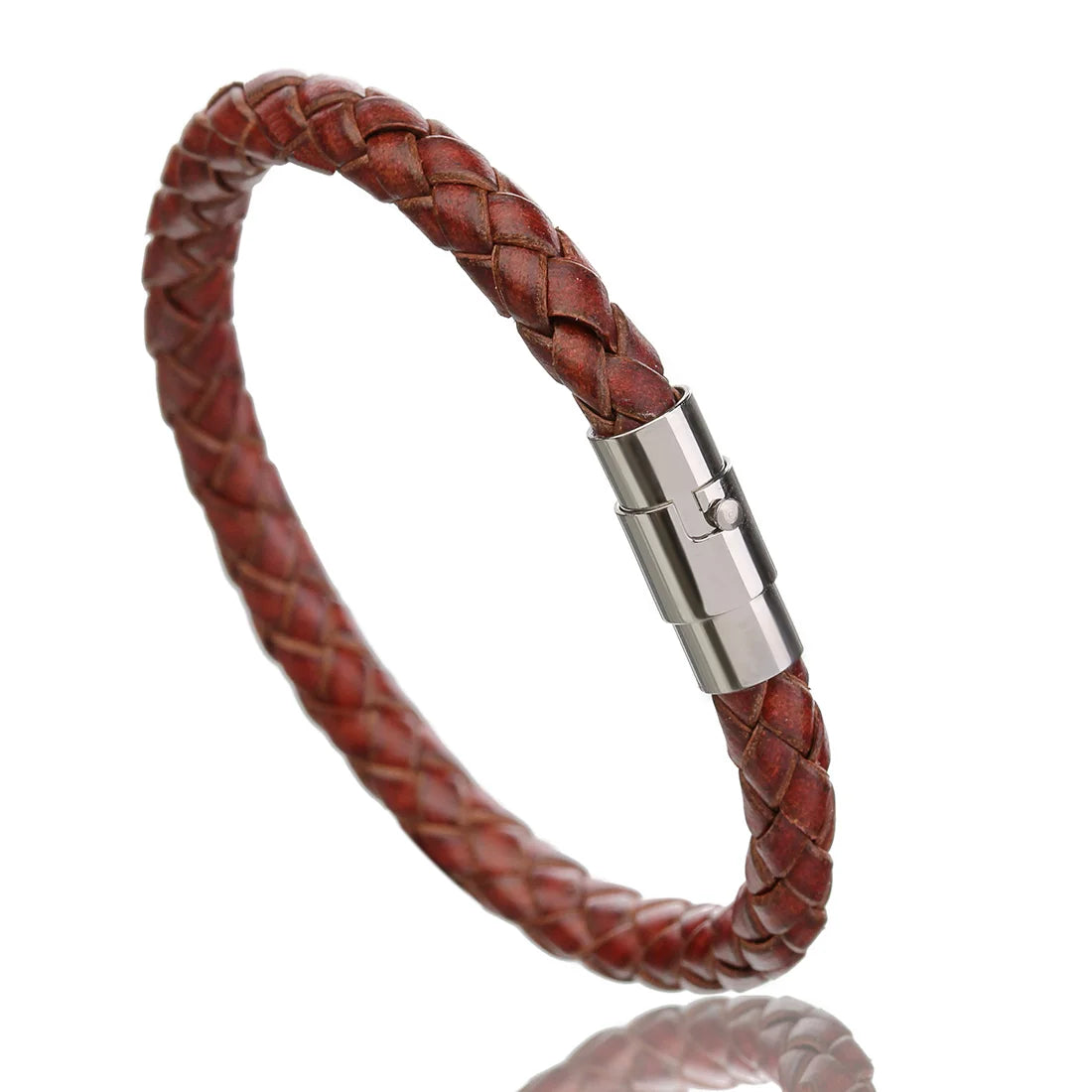 Genuine Braided Leather Bracelet - Stainless Steel Magnetic Clasp