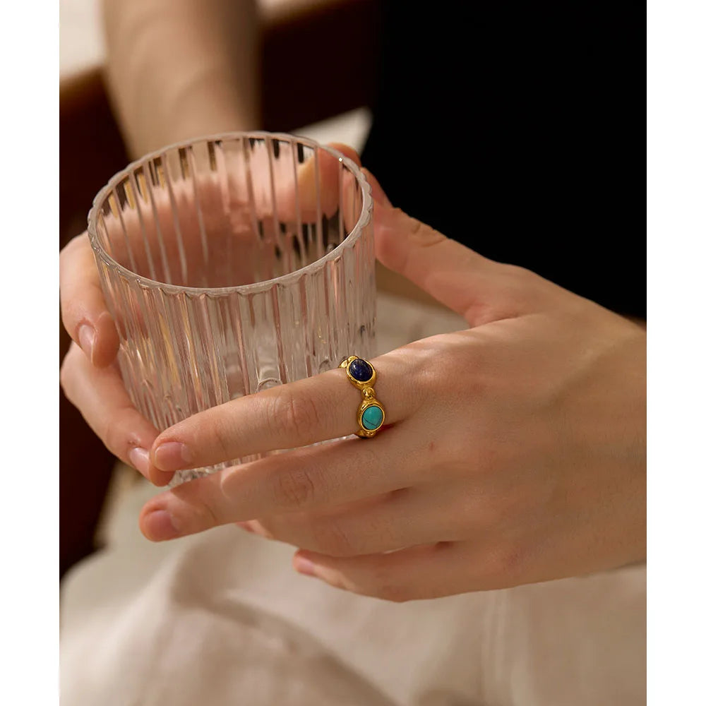Colorful Agate Stone Ring - Gold Plated Geometric Design