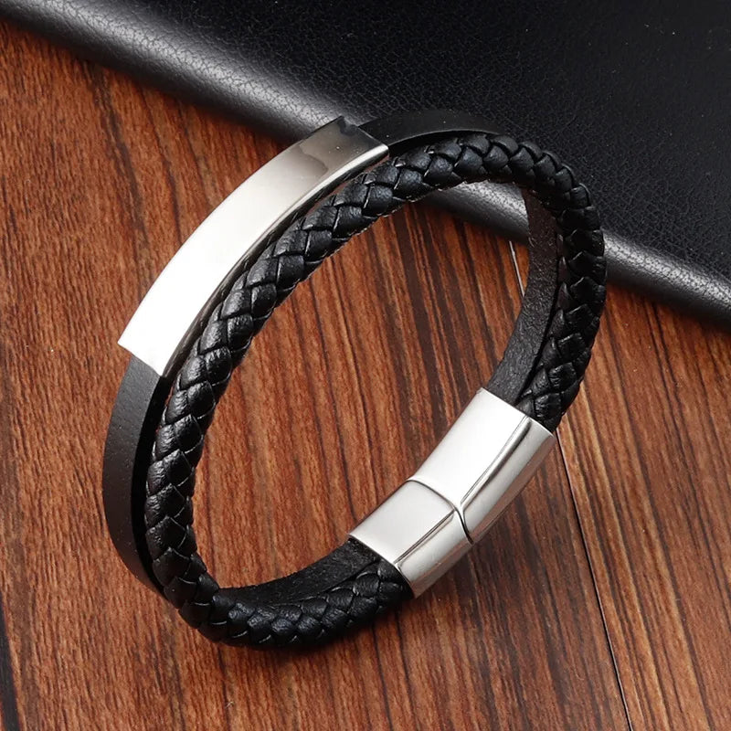 Black Genuine Leather Bracelet - Stainless Steel Magnetic Clasp