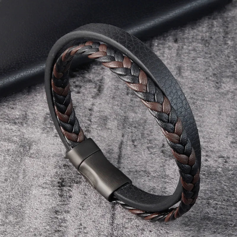 Black Genuine Leather Bracelet - Stainless Steel Magnetic Clasp