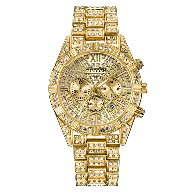 Crystal Quartz Watch with Calendar - Luxury Alloy Wristwatch