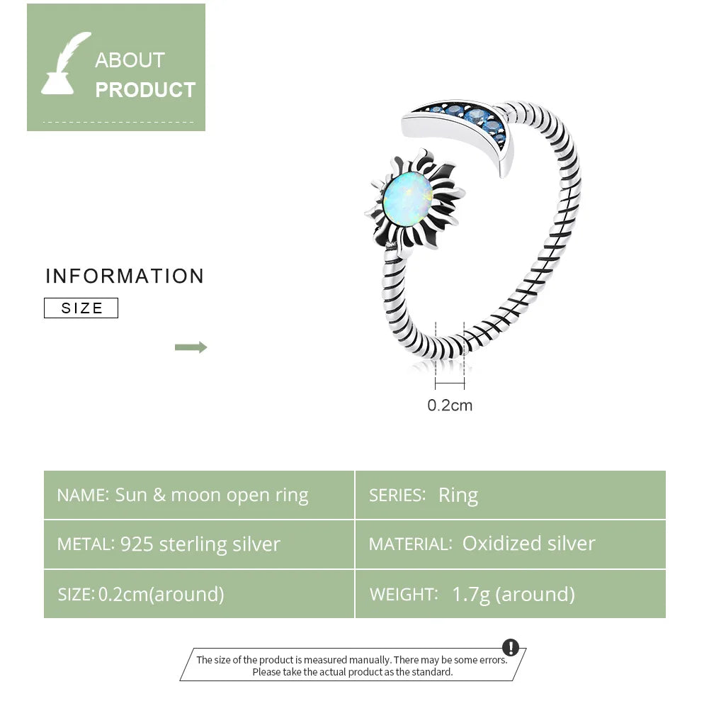 Sun Moon Open Ring - 925 Sterling Silver with Opal Accents