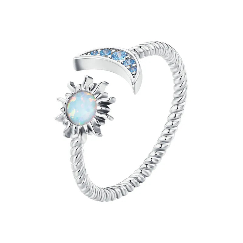 Sun Moon Open Ring - 925 Sterling Silver with Opal Accents