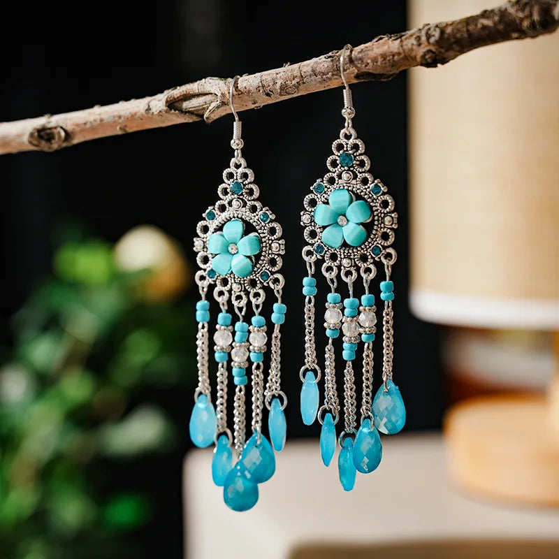 Bohemian Fringed Tassel Drop Earrings - Ethnic Acrylic Design