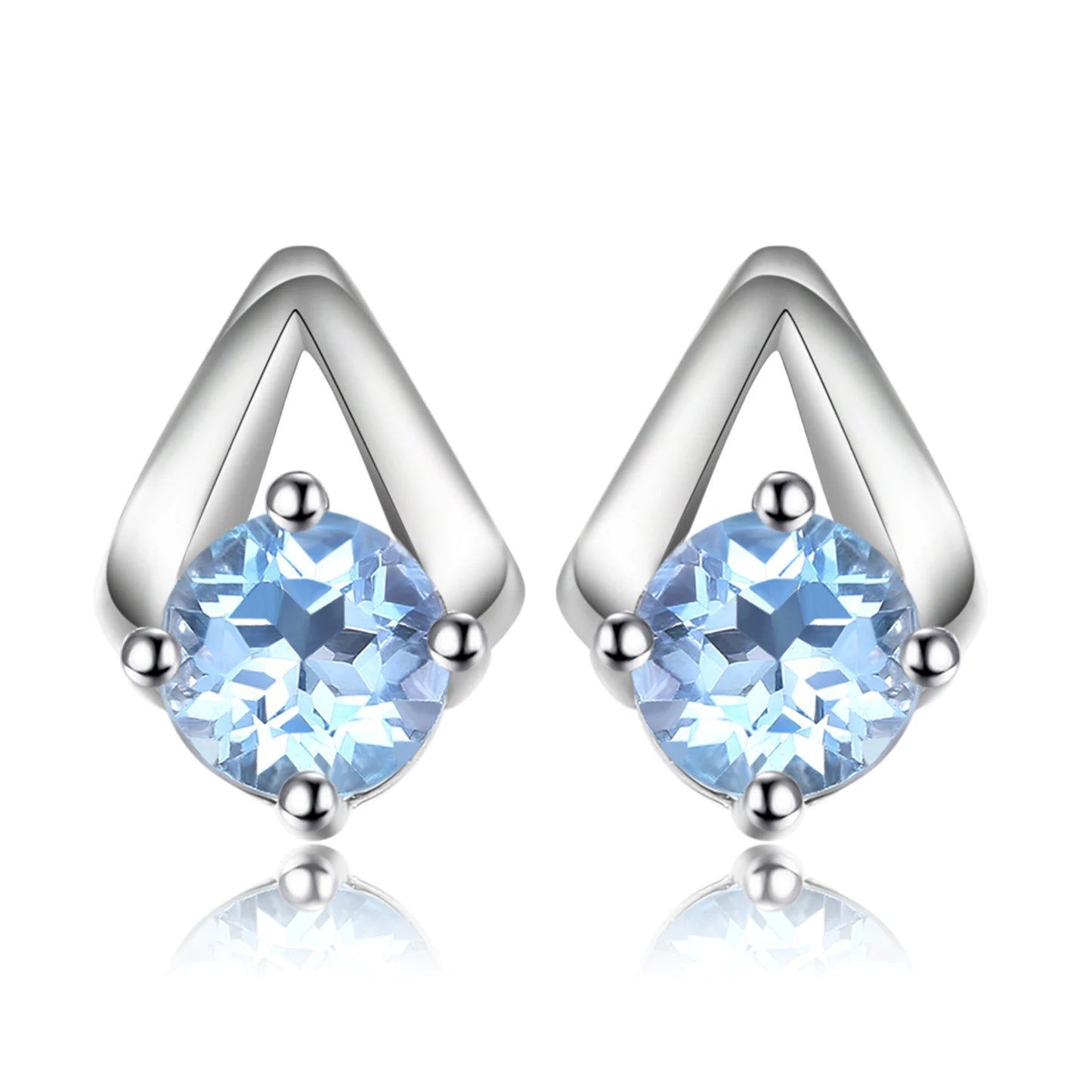 Blue Topaz Stud Earrings - 925 Sterling Silver Round Cut