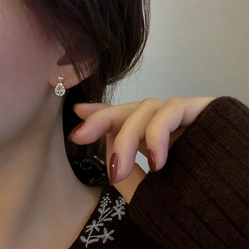 Pearl and Zircon Stud Earrings - 925 Sterling Silver Water Drop