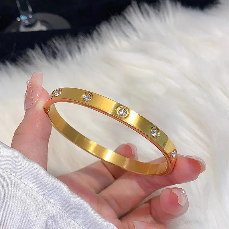 Gold Titanium Bangle with Zircon - Stainless Steel Design