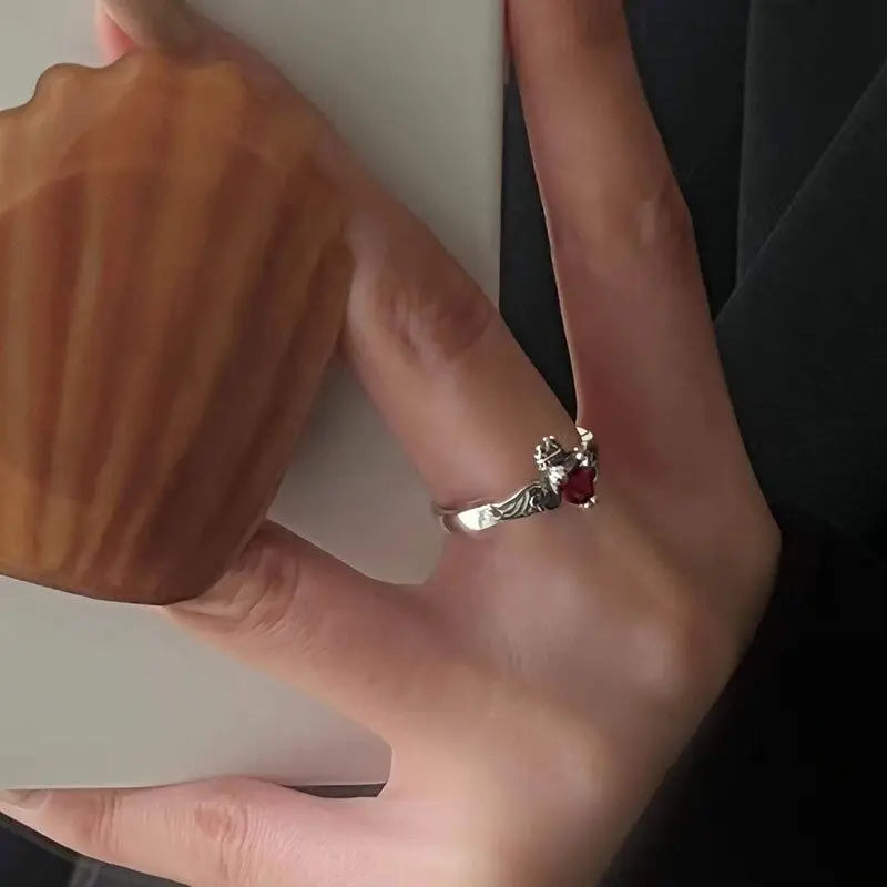 Red Love Heart Ring - 925 Sterling Silver with Zircon
