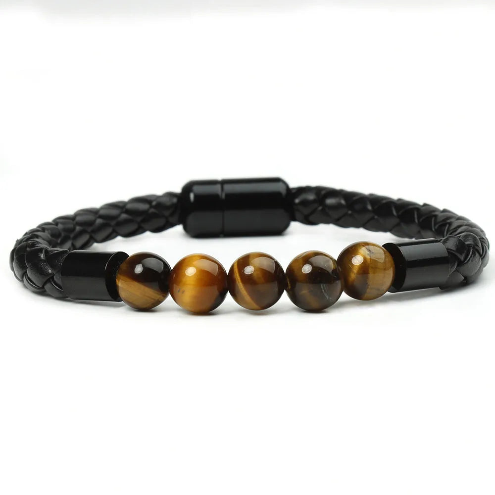 Volcanic Rock Beaded Bangle - Pearl Stainless Steel Design