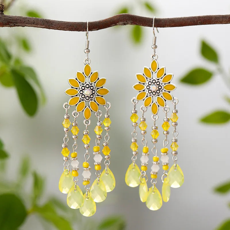 Bohemian Fringed Tassel Drop Earrings - Ethnic Acrylic Design