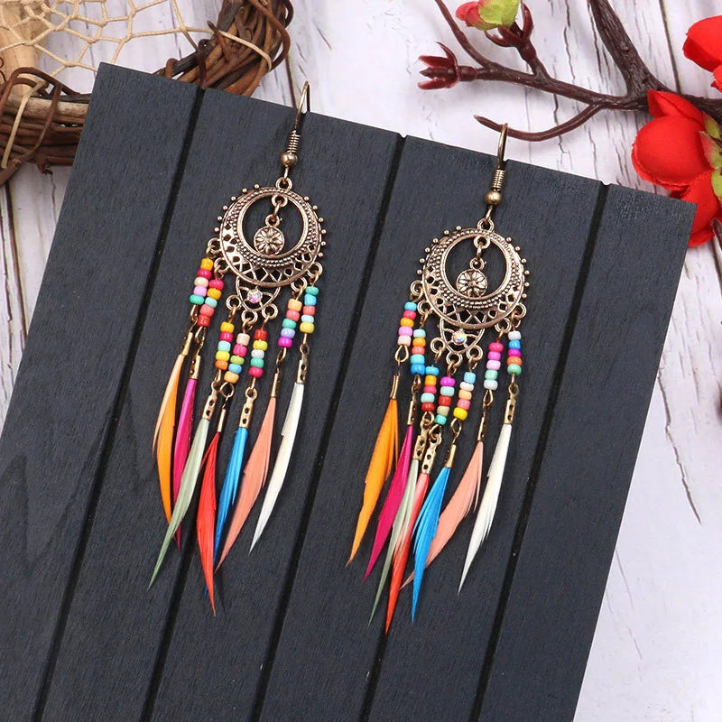 Vintage Bohemian Feather Drop Earrings - Long Tassel Design