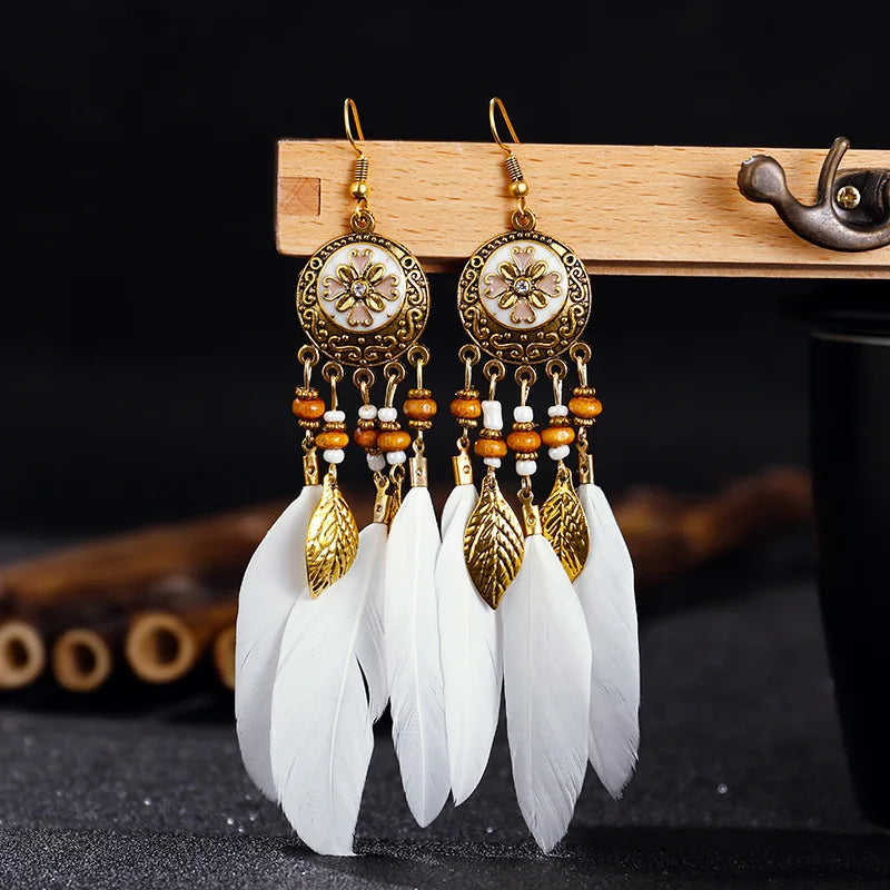 Vintage Bohemian Feather Drop Earrings - Long Tassel Design