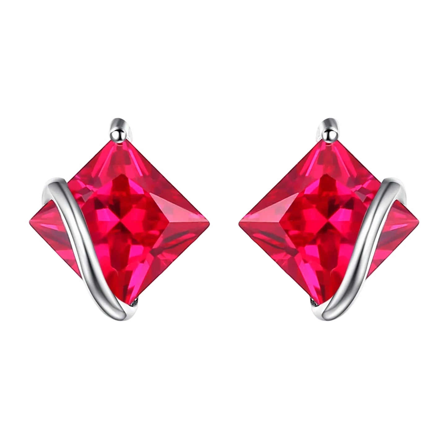 Red Ruby Stud Earrings - 925 Sterling Silver Square Design