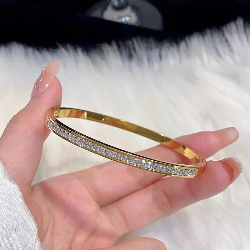 Gold Titanium Bangle with Zircon - Stainless Steel Design
