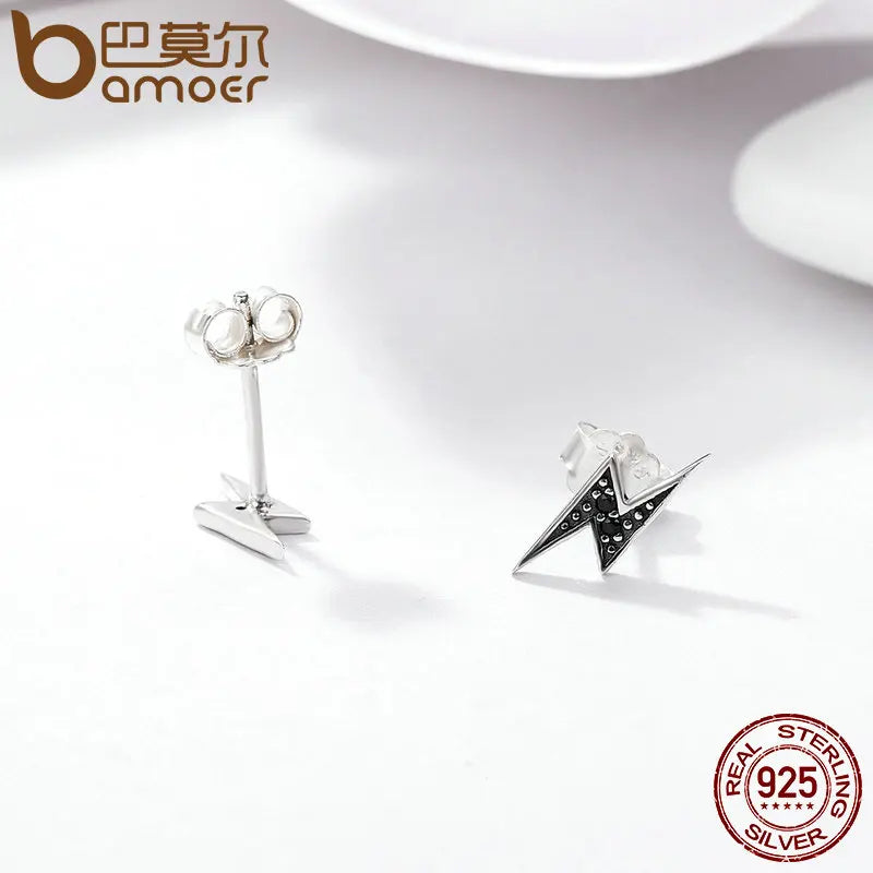 Lightning Black CZ Stud Earrings - 925 Sterling Silver