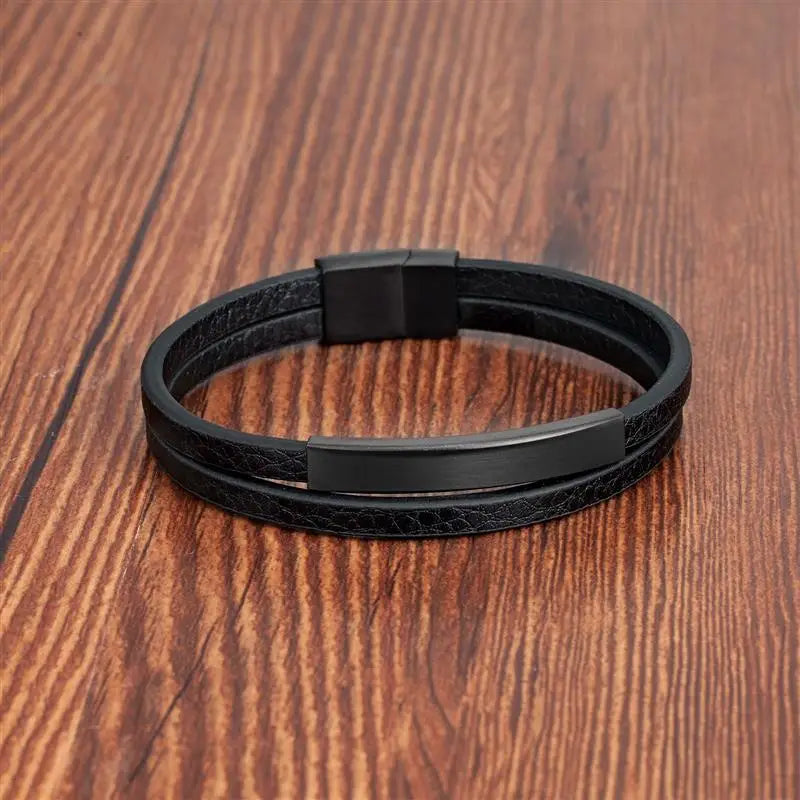 Black Genuine Leather Bracelet - Stainless Steel Magnetic Clasp