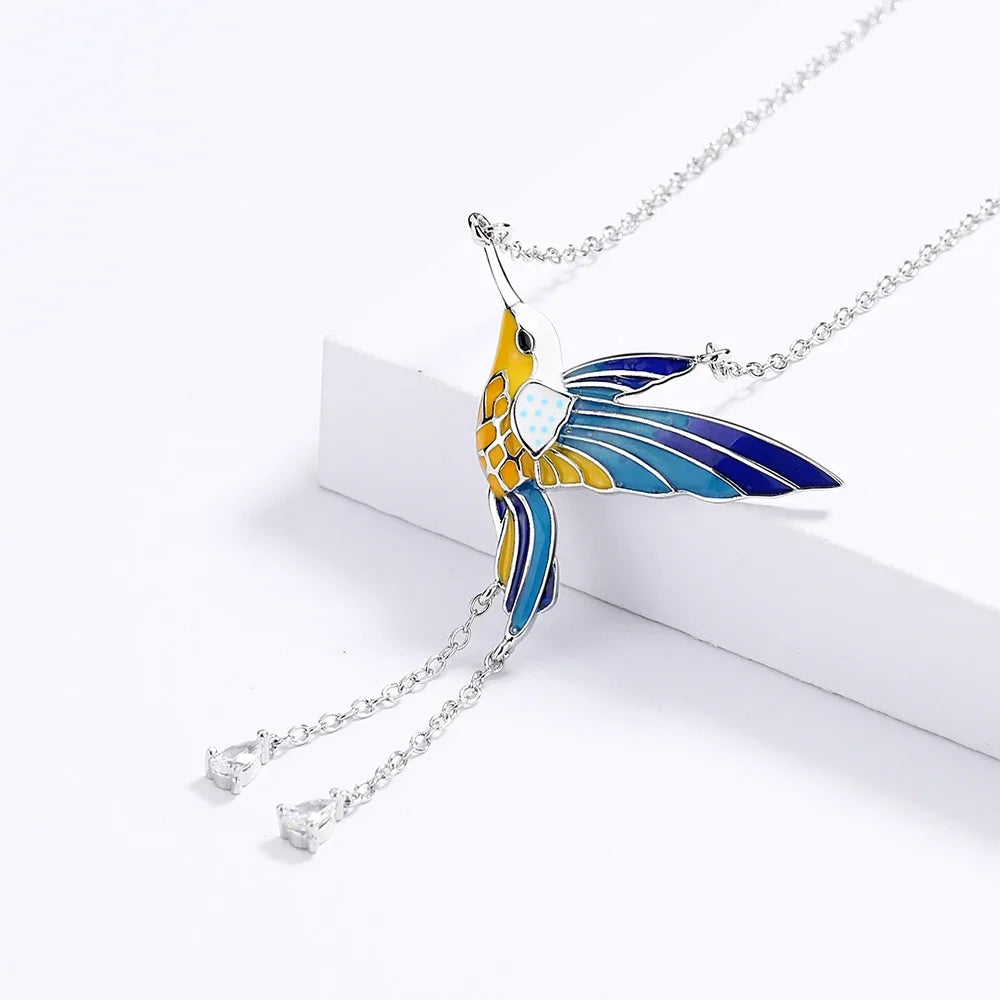 Handmade Colorful Flying Bird Pendant Necklace - Double Sided