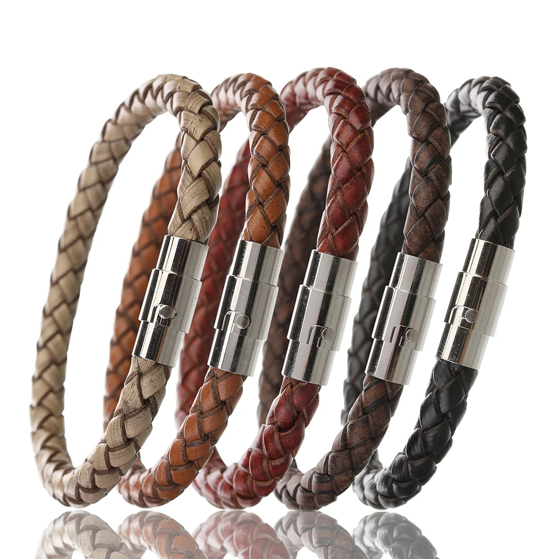 Genuine Braided Leather Bracelet - Stainless Steel Magnetic Clasp