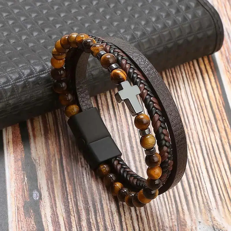 High Quality Leather Bracelet - Tiger Eye Beads with Magnetic Clasp