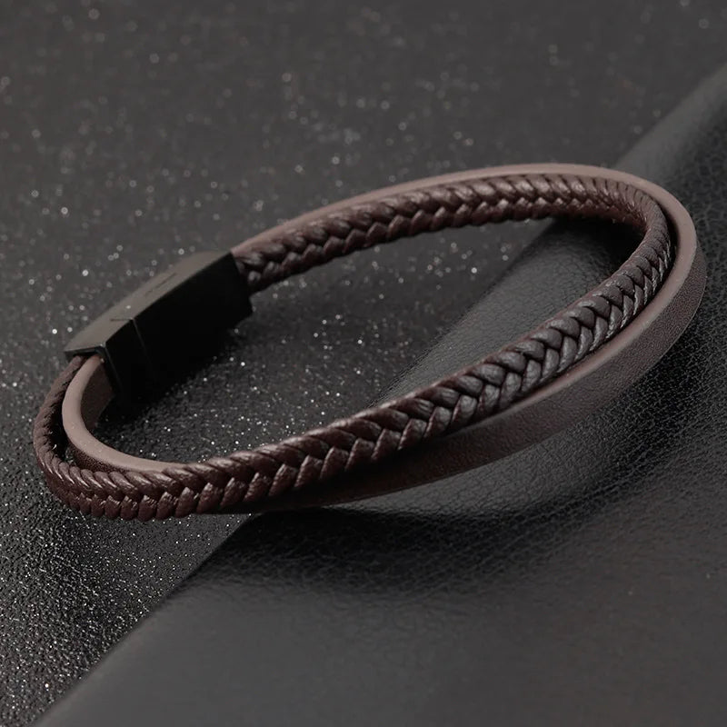 Black Genuine Leather Bracelet - Stainless Steel Magnetic Clasp