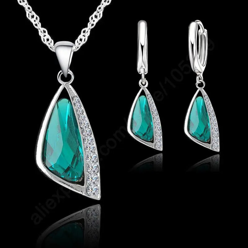 Turquoise Crystal Jewelry Set - 925 Sterling Silver Necklace & Earrings