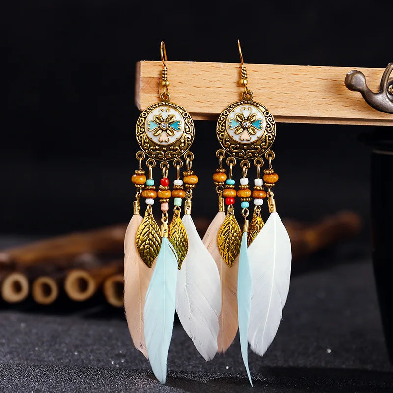 Vintage Bohemian Feather Drop Earrings - Long Tassel Design