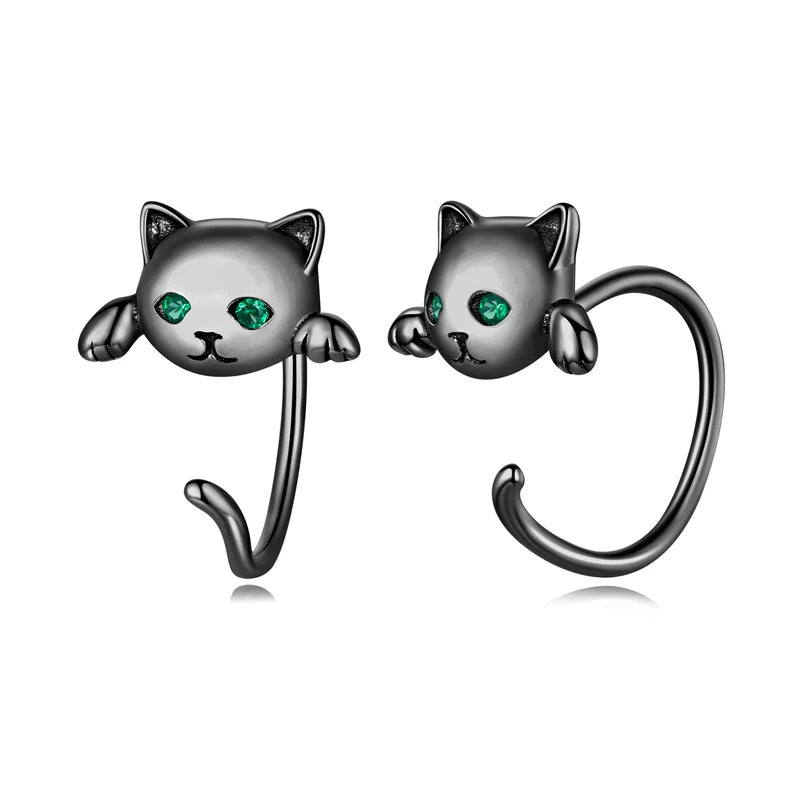 Cute Cat Stud Earrings - 925 Sterling Silver with Zircon