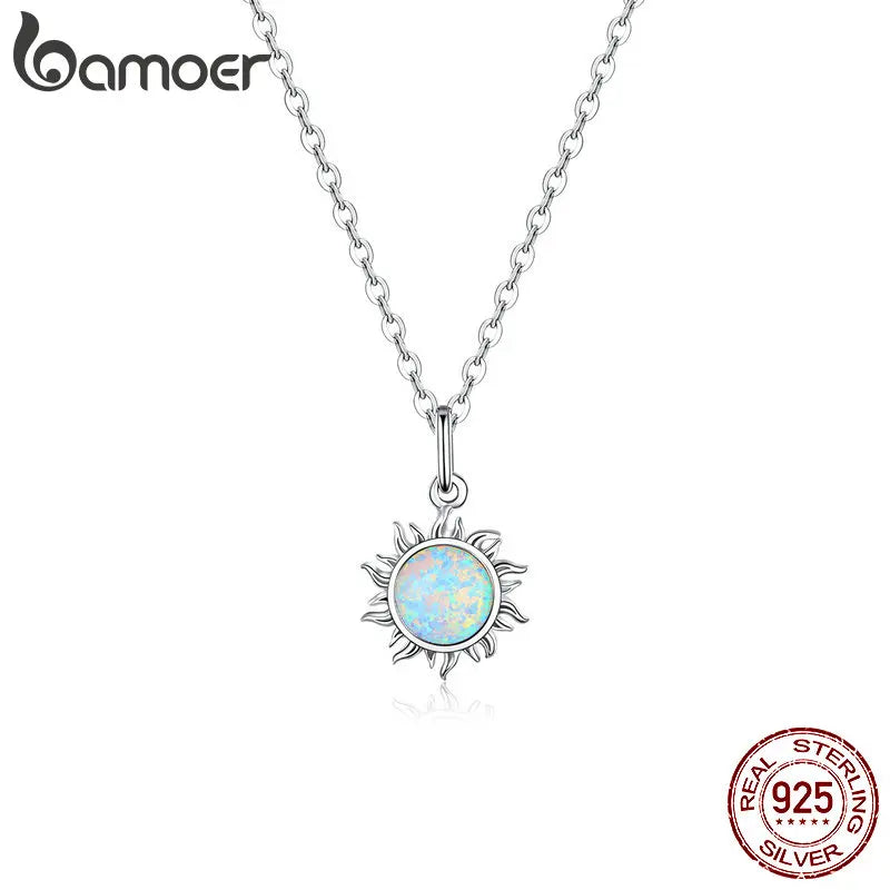 Sterling Silver White Opal Sun Pendant Necklace - 925 Silver