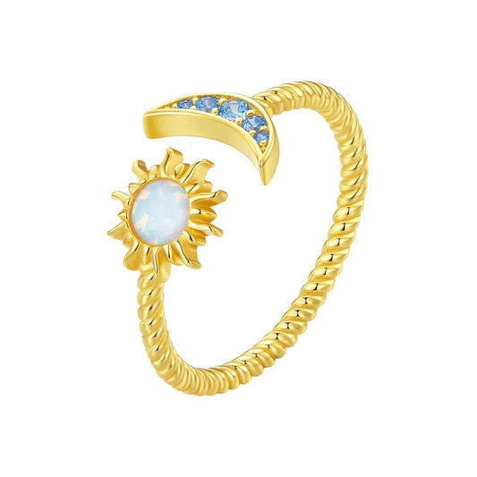 Sun Moon Open Ring - 925 Sterling Silver with Opal Accents