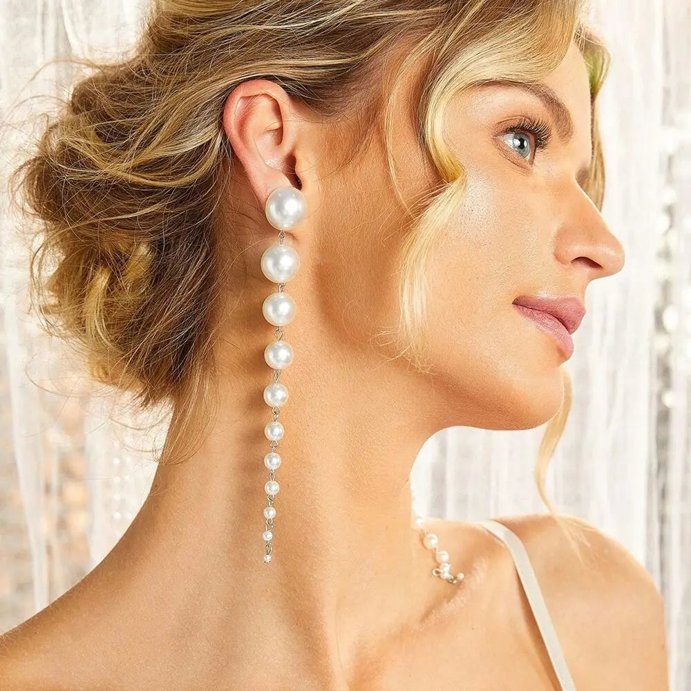 Long Pearl Feather Tassel Drop Earrings - Trendy Design