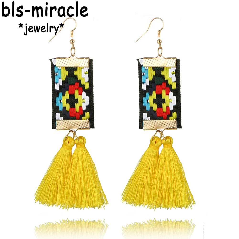 Ethnic Square Drop Earrings - Plant Pattern Design