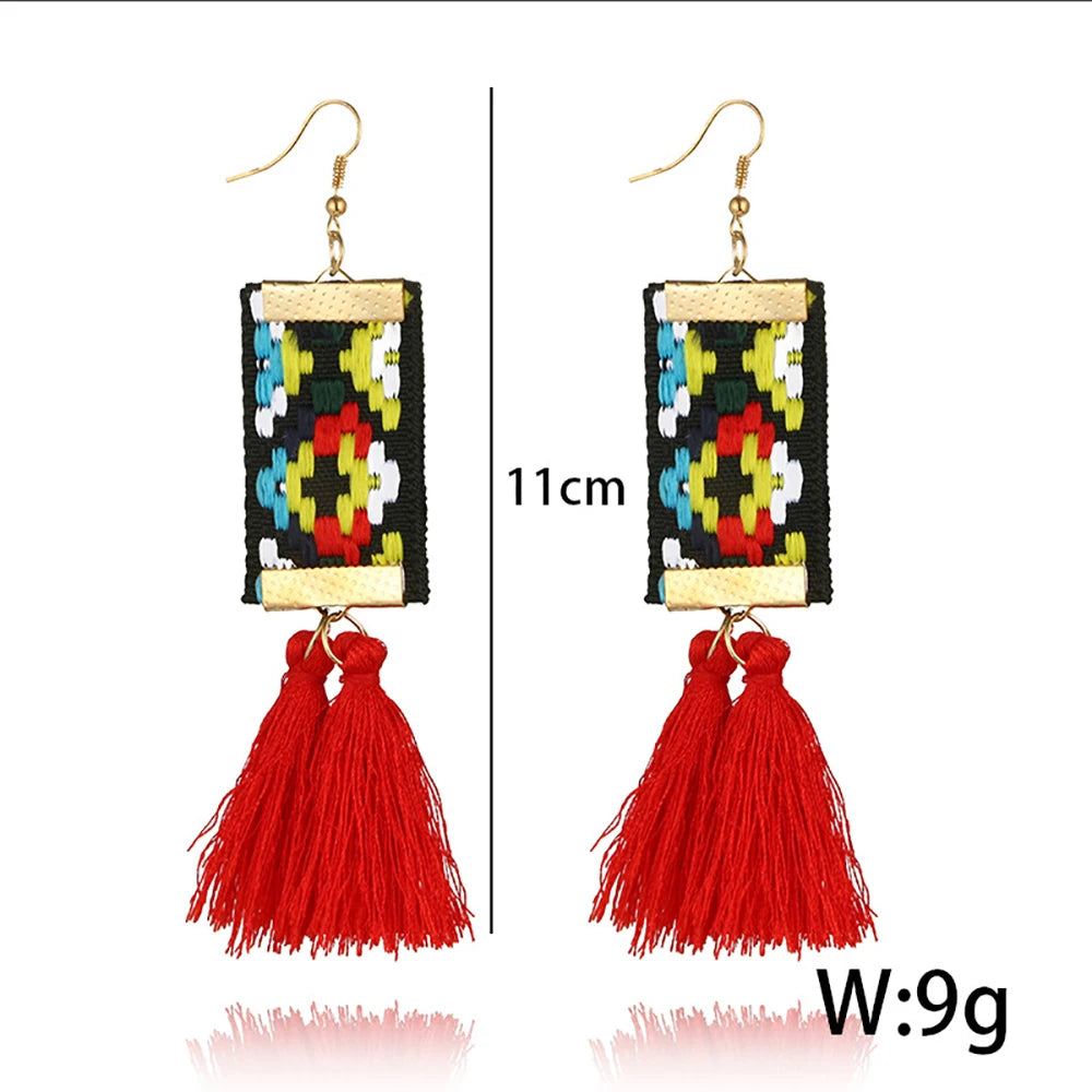 Ethnic Square Drop Earrings - Plant Pattern Design