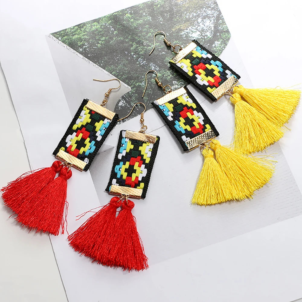 Ethnic Square Drop Earrings - Plant Pattern Design