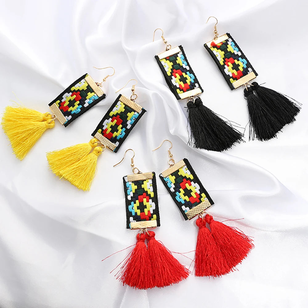 Ethnic Square Drop Earrings - Plant Pattern Design