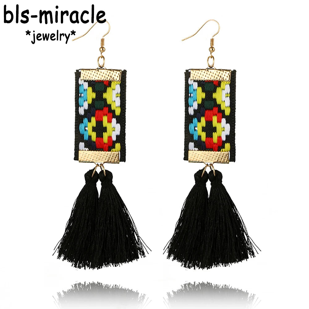 Ethnic Square Drop Earrings - Plant Pattern Design