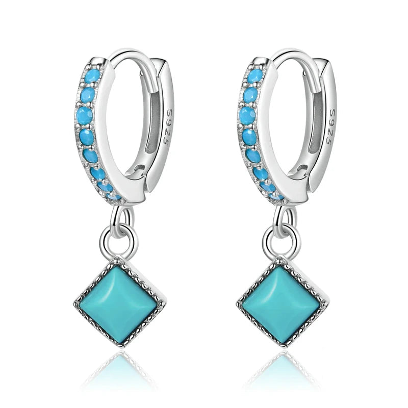 Turquoise Pendant Drop Earrings - 925 Sterling Silver Geometric